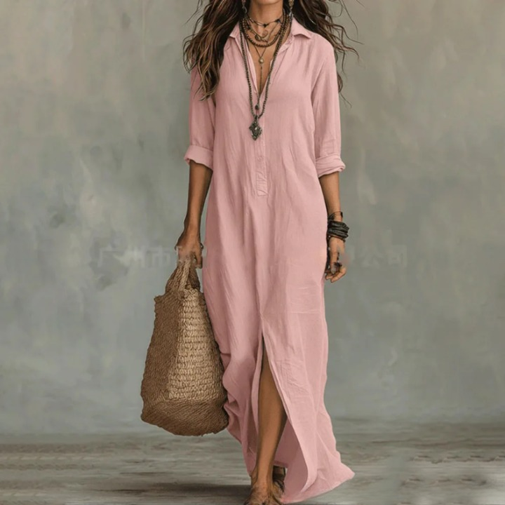 Women’s linen shirt dress, blush pink, 3/4 sleeves, button front, side slit