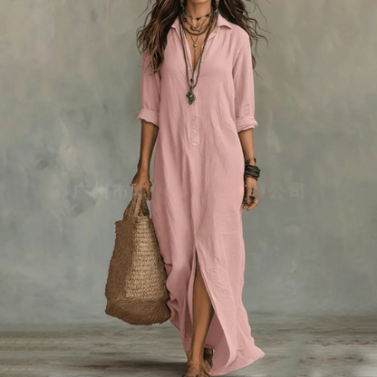 Women’s linen shirt dress, blush pink, 3/4 sleeves, button front, side slit