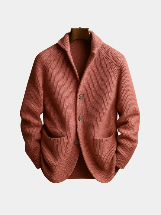 Men's ribbed wool cardigan in dusty pink, shawl collar, button front, two front pockets.