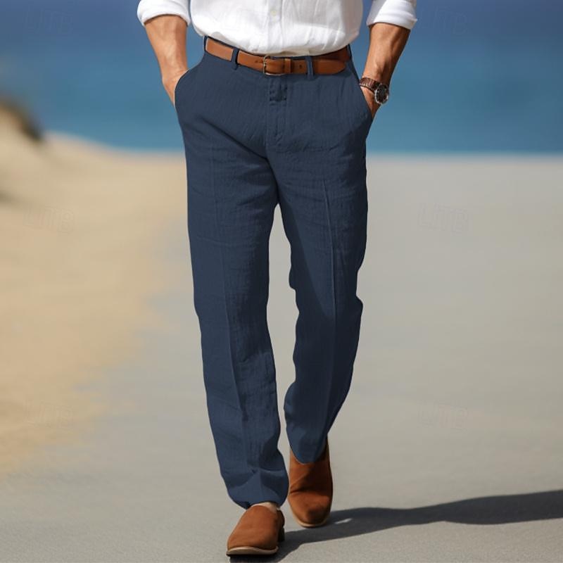 Dark blue linen men’s pants with belt loops, button fly, straight fit