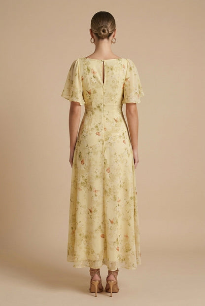 Yellow floral maxi dress, back keyhole and short puff sleeves, ruched waist