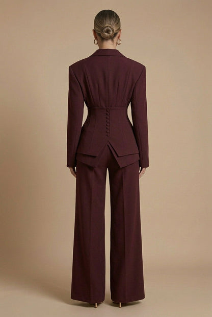 Wine red trouser suit: blazer and wide-leg trousers, back view