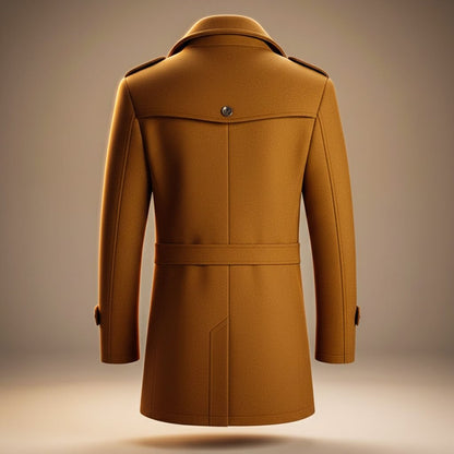 Men's wool coat back view in cognac brown, belt detail at the waist