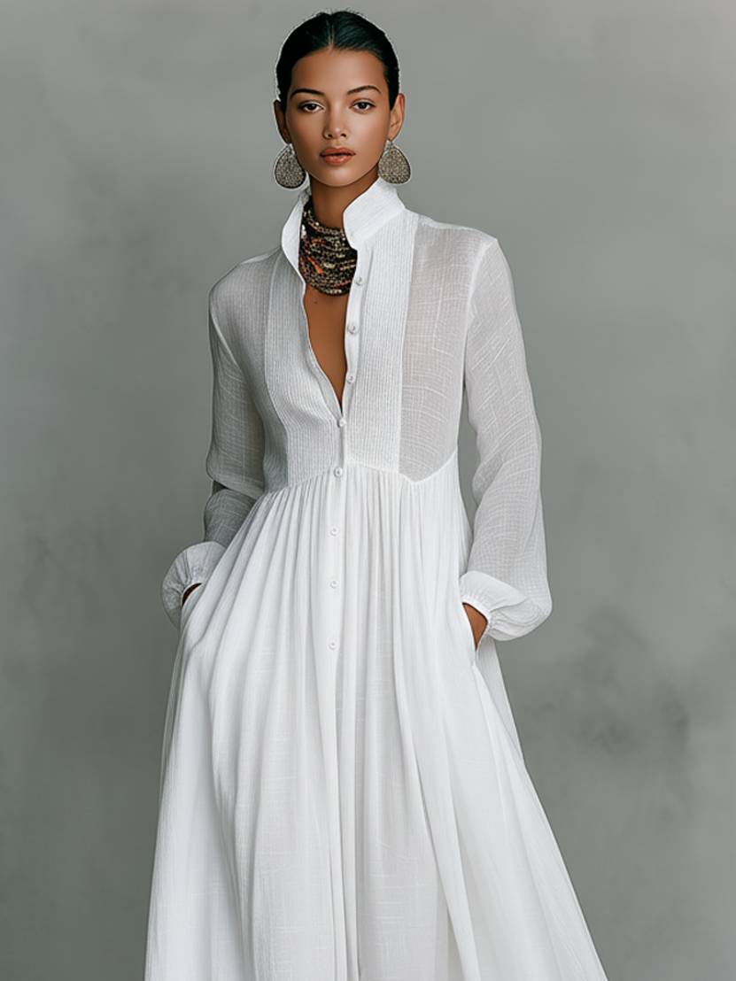 White cotton-linen maxi shirt dress with collared V-neck, button front, long sleeves