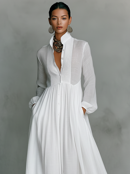 White cotton-linen maxi shirt dress with collared V-neck, button front, long sleeves