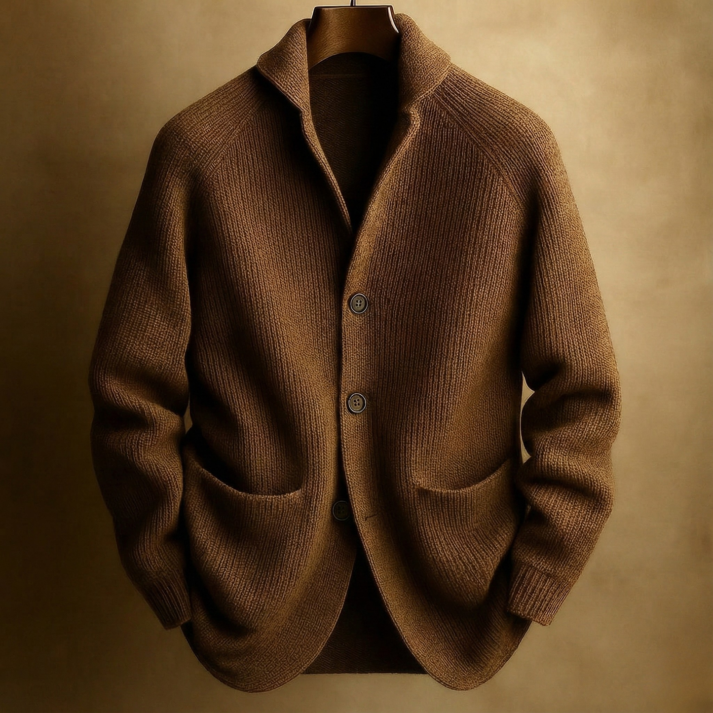 Men's ribbed wool cardigan in brown with shawl collar, button front, two front pockets.