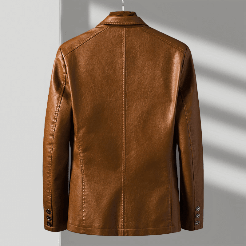 Cognac brown leather jacket back view with center seam and button details at cuffs
