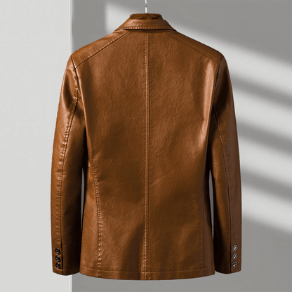 Cognac brown leather jacket back view with center seam and button details at cuffs