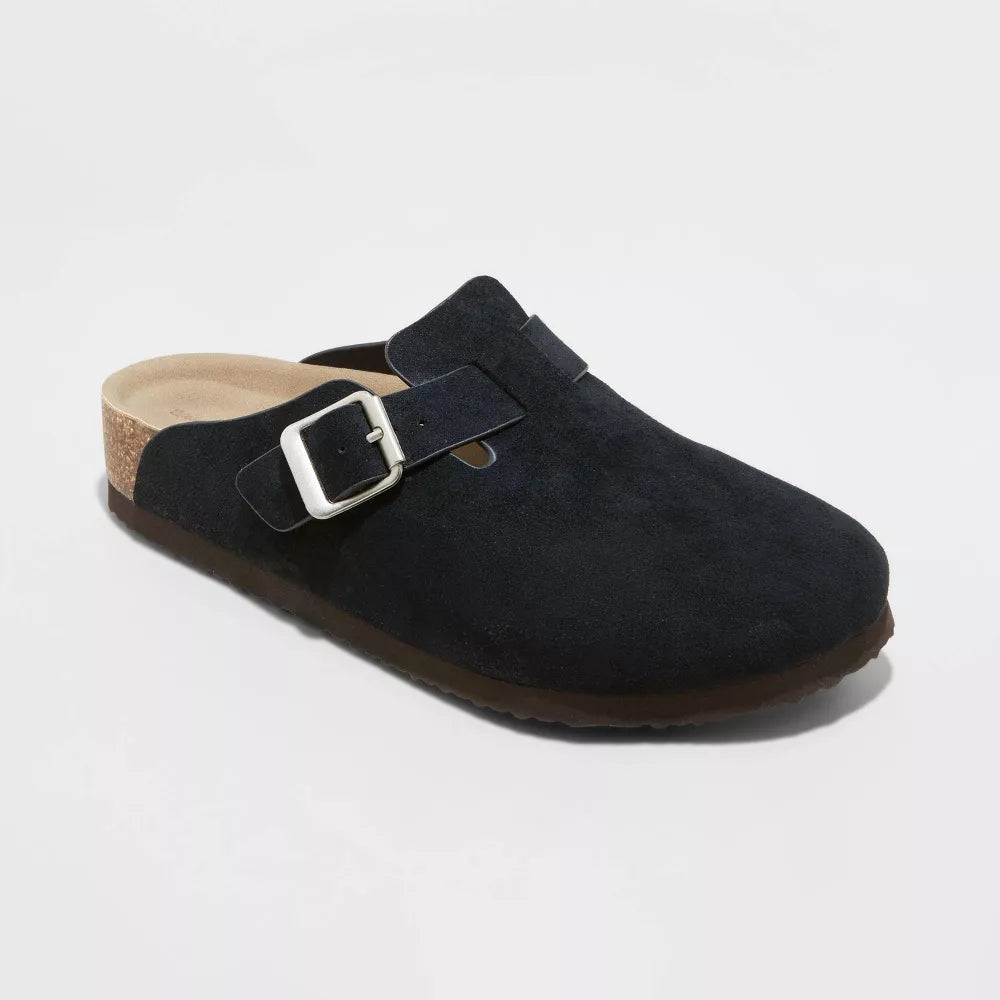 Black suede clog with adjustable side buckle strap and contoured footbed