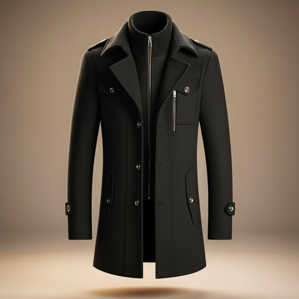 Men's wool coat in obsidian black, zip-front with notched lapels and chest pockets