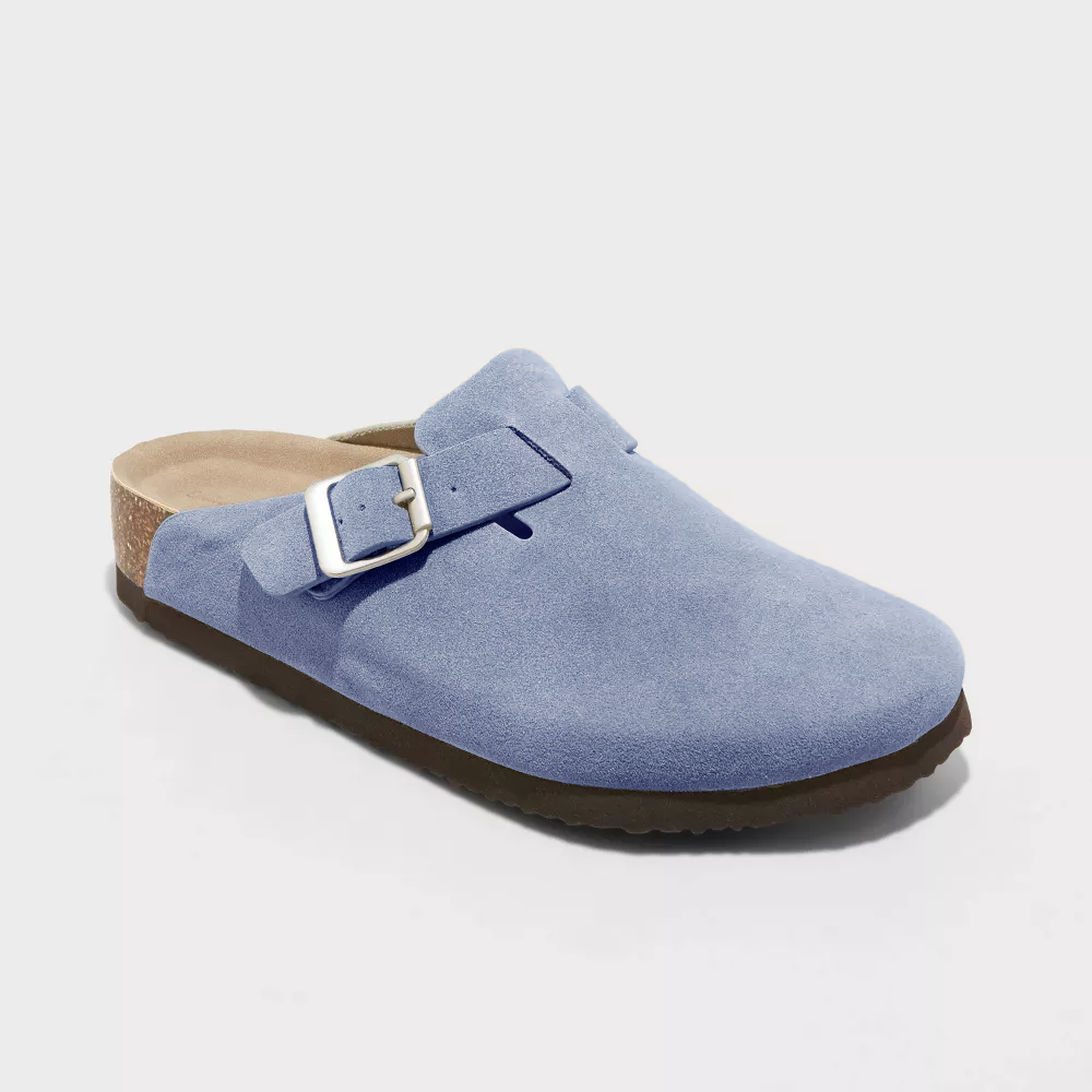 Blue suede clog with adjustable buckle strap and textured outsole