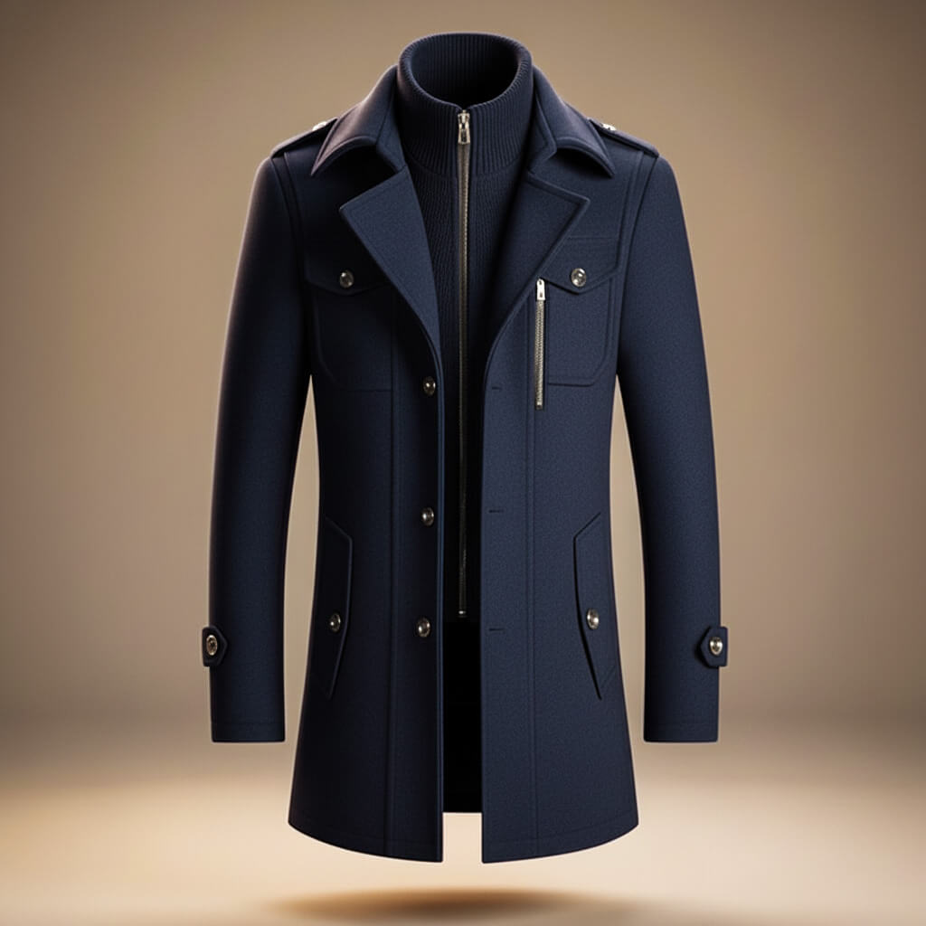 Men's wool coat in navy blue, zip-front with notched lapels and side pockets