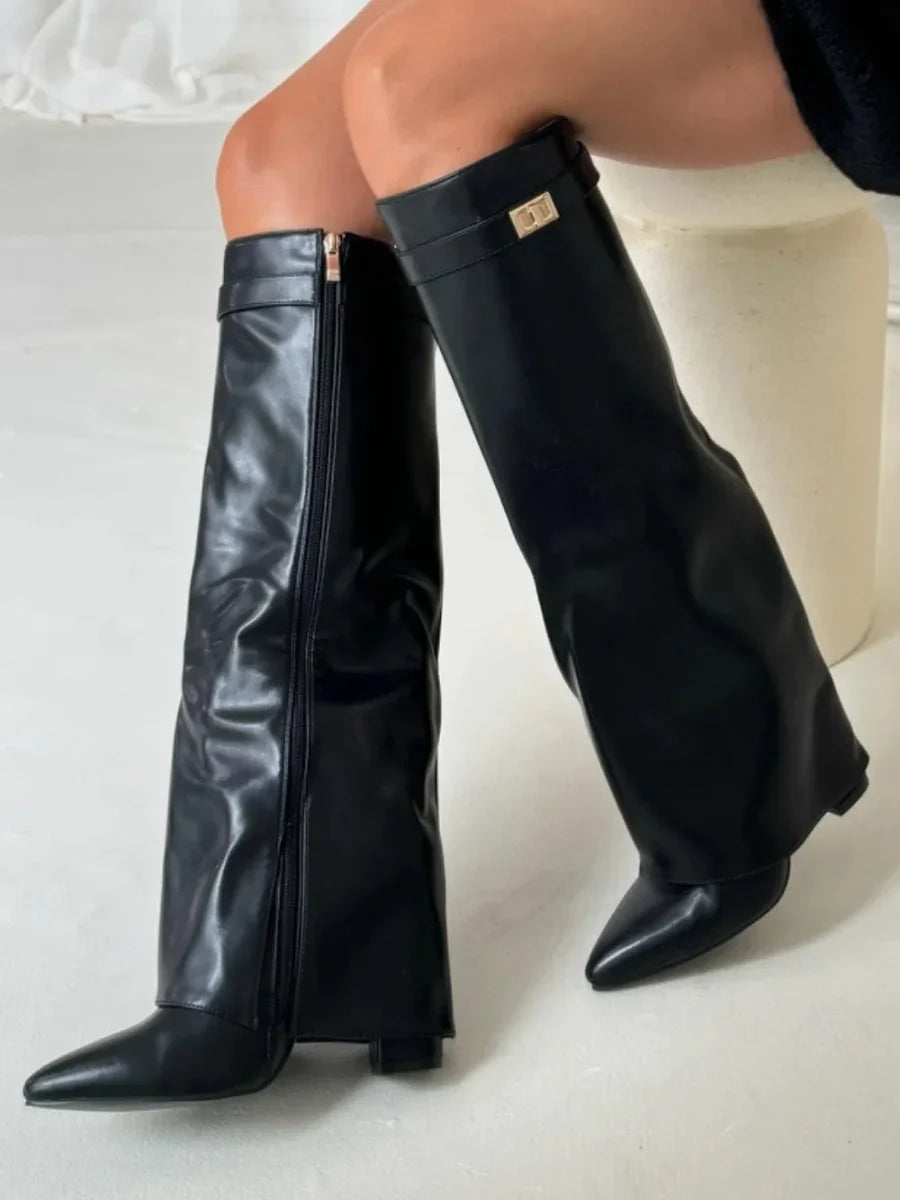 Black leather mid-calf boots with metallic buckle, side zipper and block heel