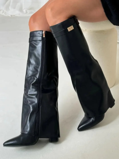 Black leather mid-calf boots with metallic buckle, side zipper and block heel