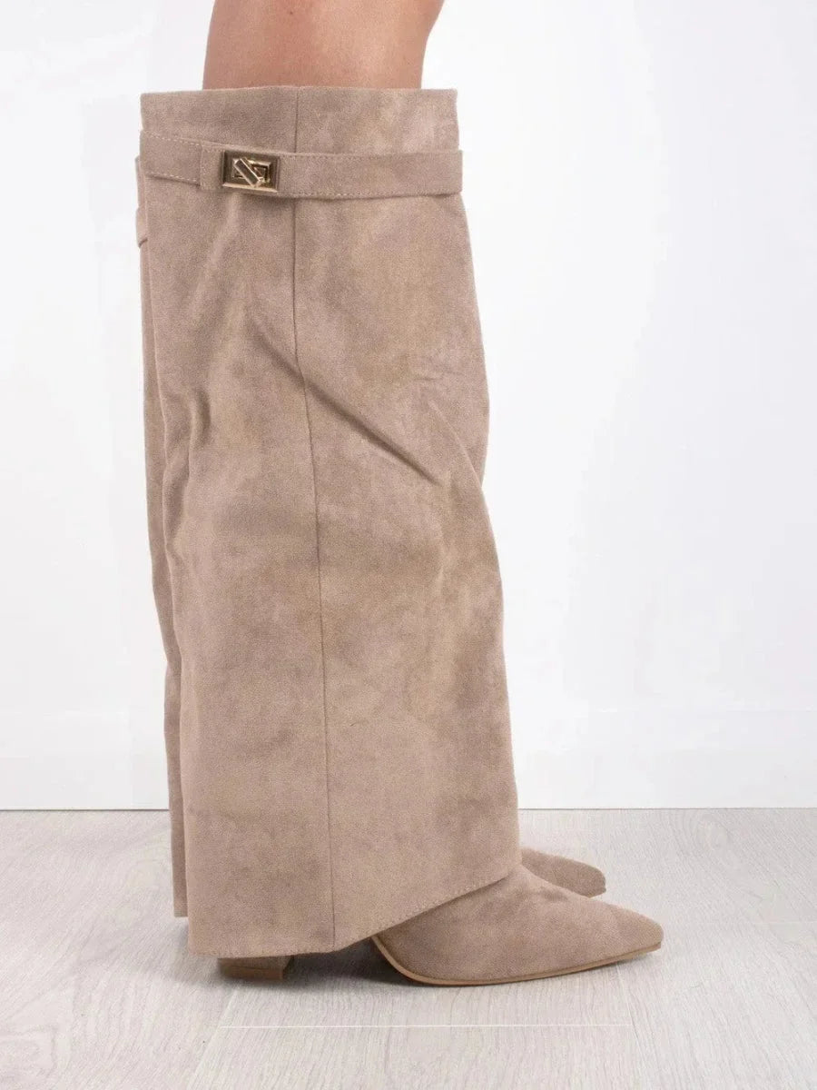 Beige suede heeled boots with square metallic buckle and stacked heel