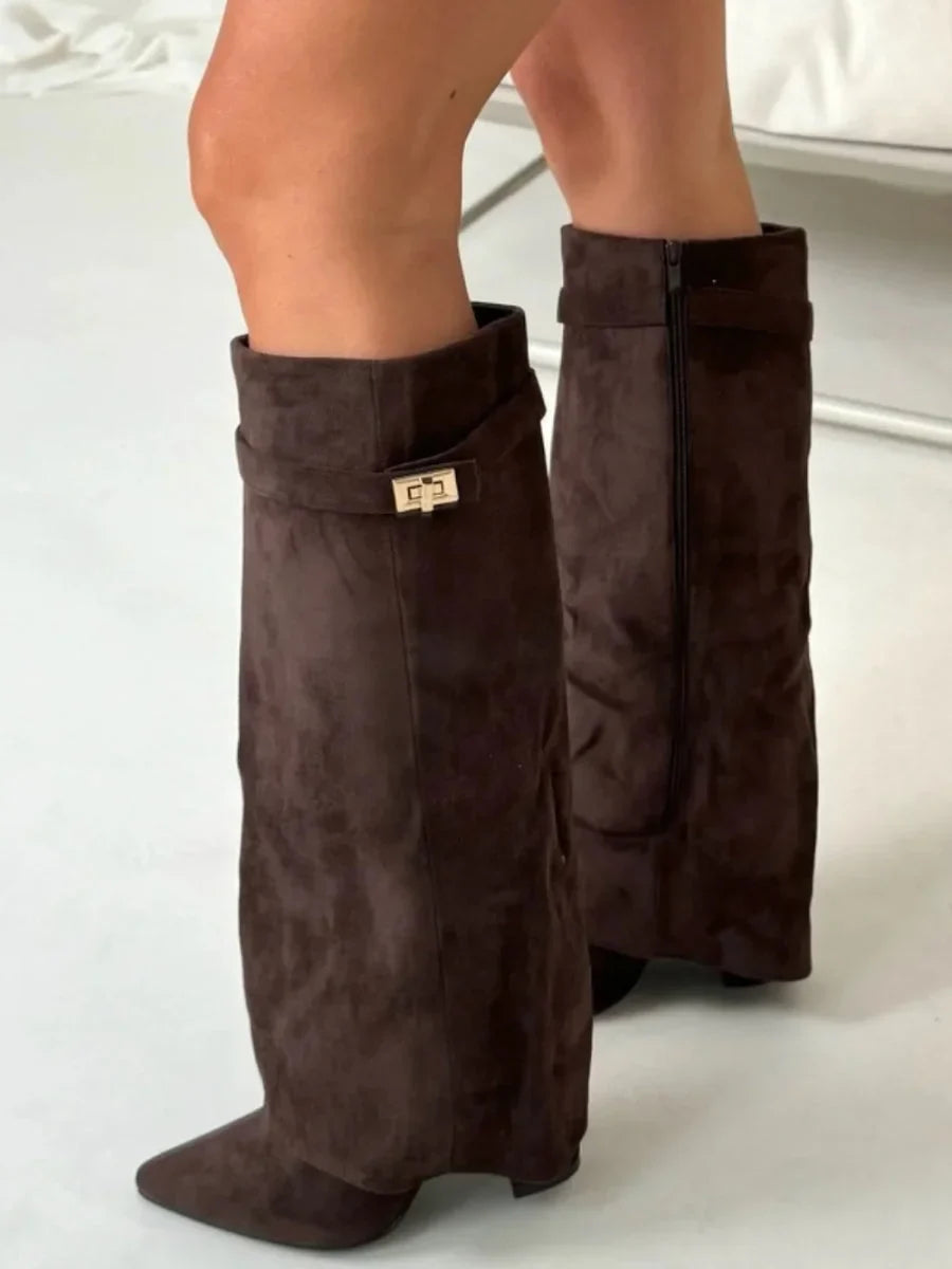 Dark brown suede mid-calf boots with metallic buckle, back zipper and block heel