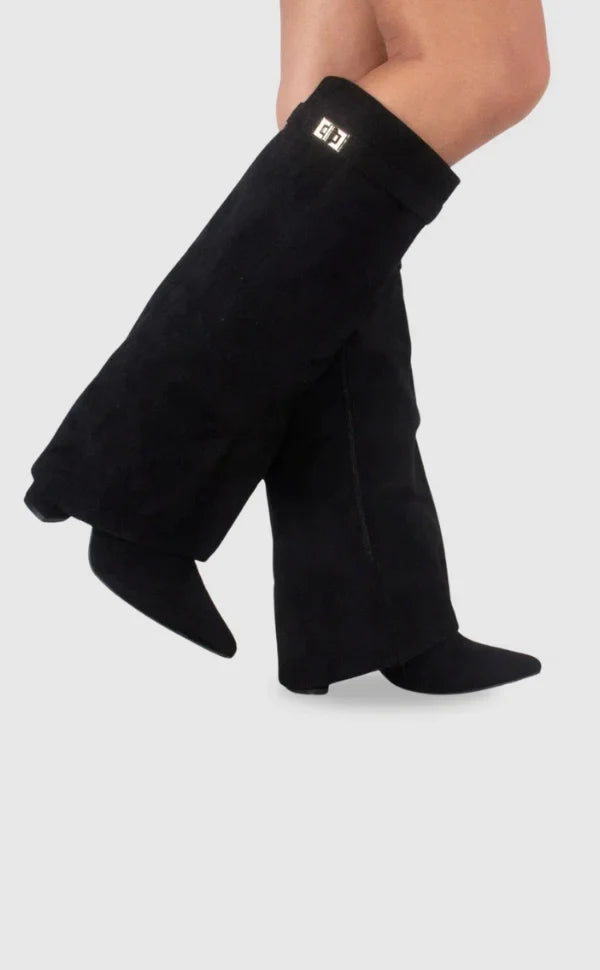 Black suede heeled boots with square metallic buckle and pointed toe