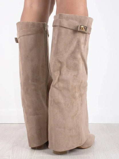 Beige suede heeled boots with side zipper and square cuff buckle