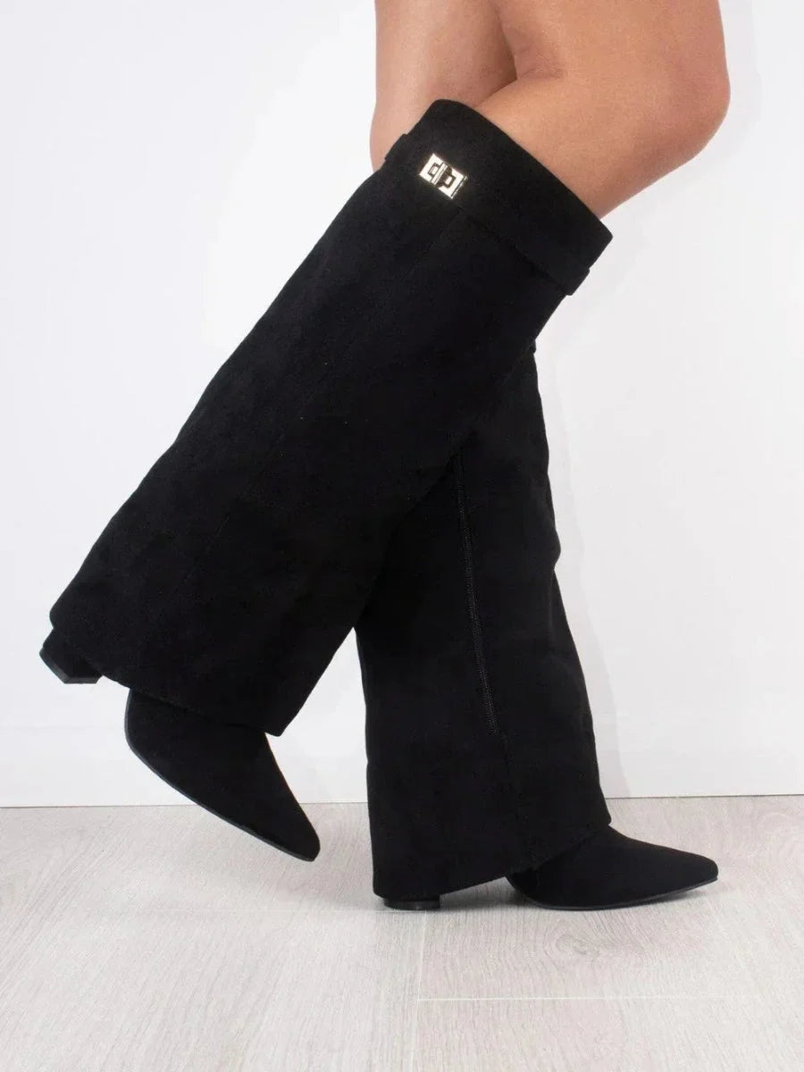 Black suede heeled mid-calf boots with square metallic buckle detail