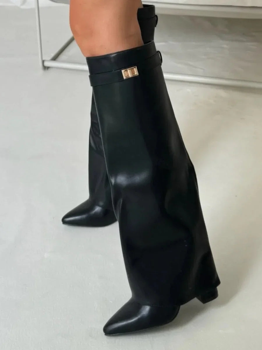 Black leather mid-calf boots with metallic buckle and block heel, front view