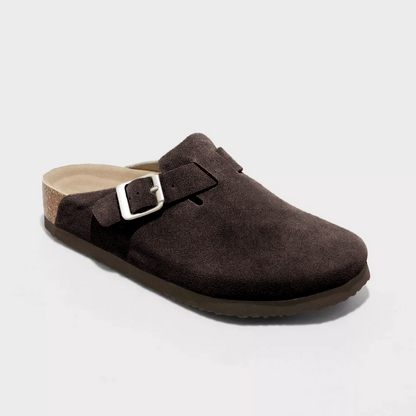 Dark brown suede clog with adjustable buckle strap and textured rubber sole