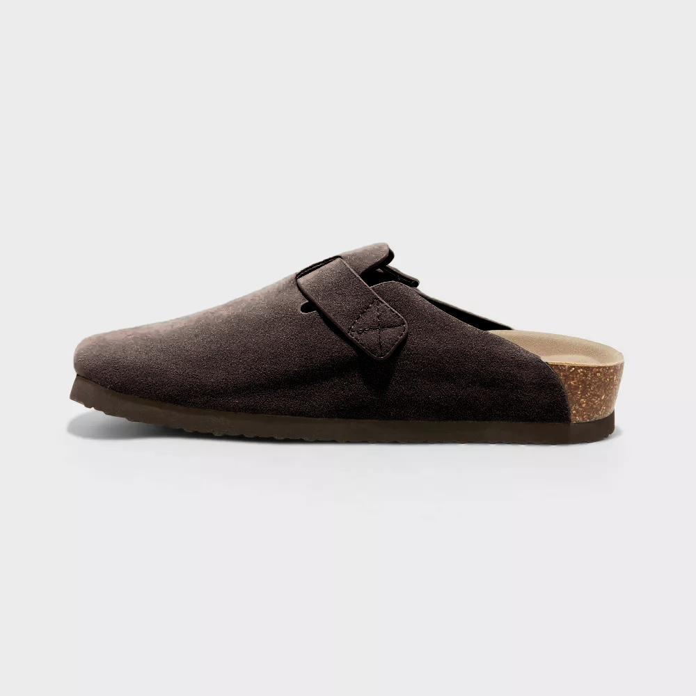Mocha-brown suede clog side view with adjustable buckle strap and textured sole