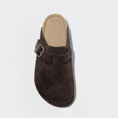 Dark brown suede clog front view with adjustable buckle strap and tan insole