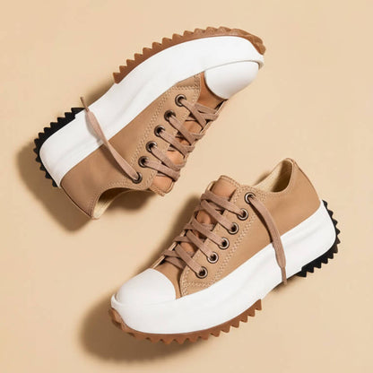 Sandstone beige lace-up platform sneakers, white sole, treaded outsole