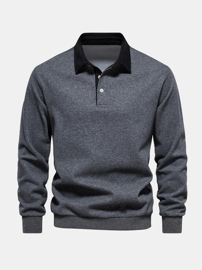 Gray long-sleeve polo sweatshirt with black collar and button placket