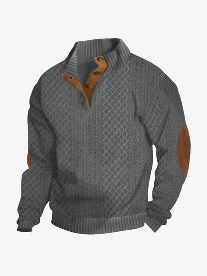 Gray cable knit quarter-button pullover sweatshirt with brown collar placket and ribbed cuffs