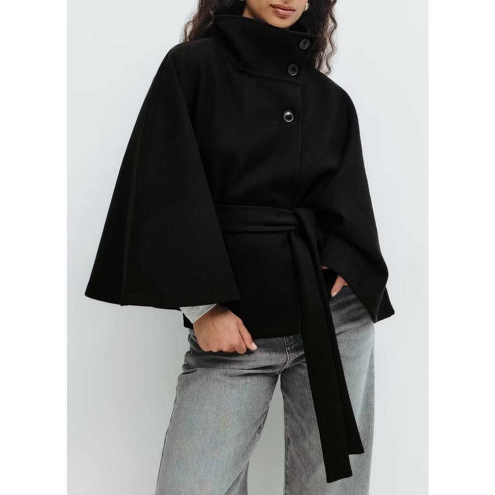 Women’s high-collar cape coat, black, button-up with belt tie and wide cape sleeves.