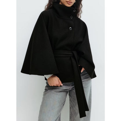 Women’s high-collar cape coat, black, button-up with belt tie and wide cape sleeves.