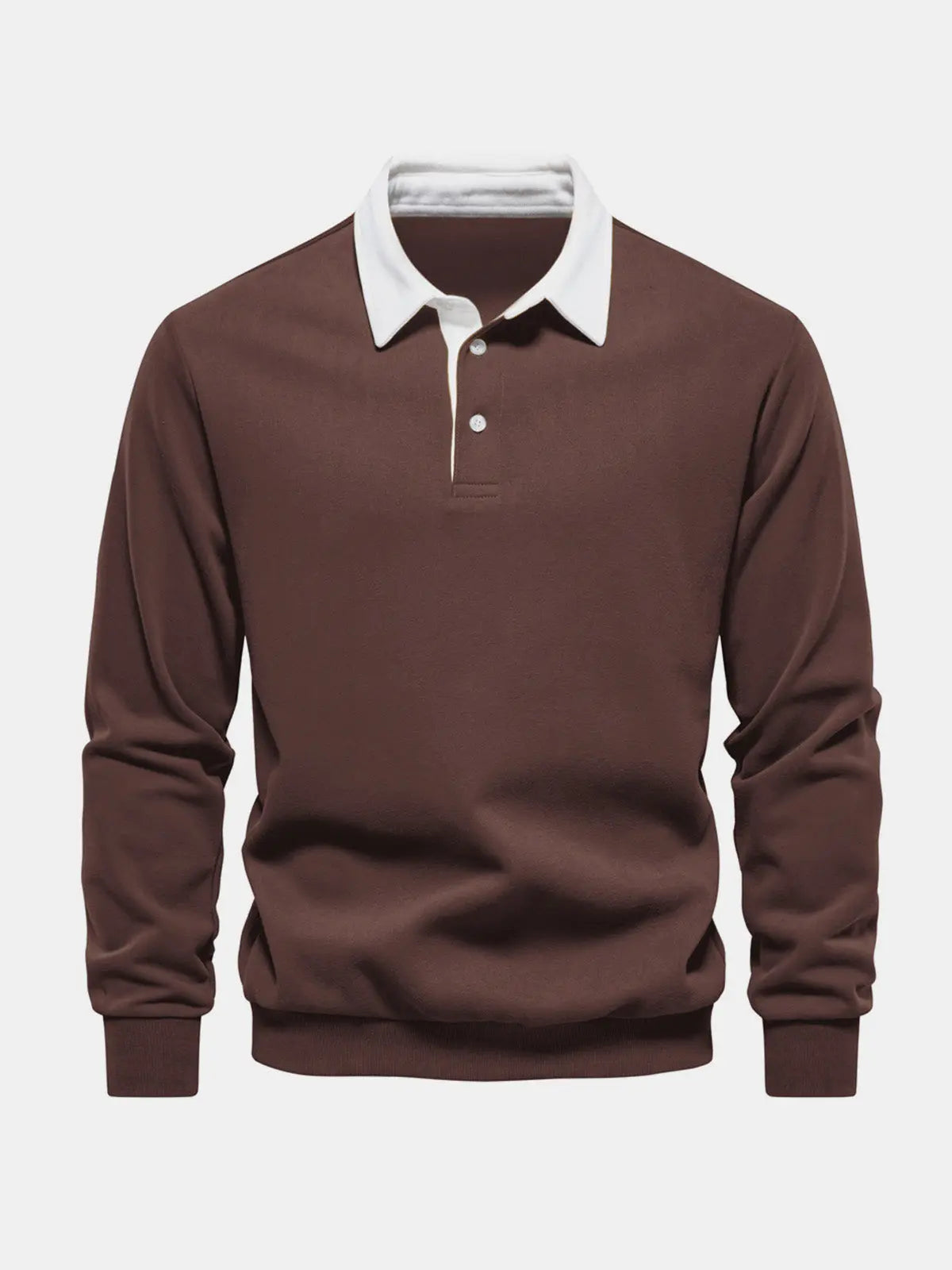 Men's polo-collar long-sleeve sweatshirt, brown with white button placket and ribbed cuffs