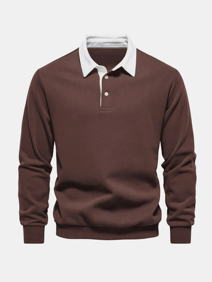 Men's polo-collar long-sleeve sweatshirt, brown with white button placket and ribbed cuffs