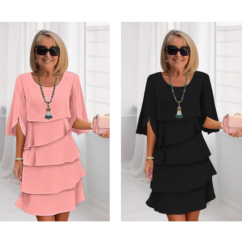 Tiered puff sleeve dresses in pink and black, layered ruffle skirts