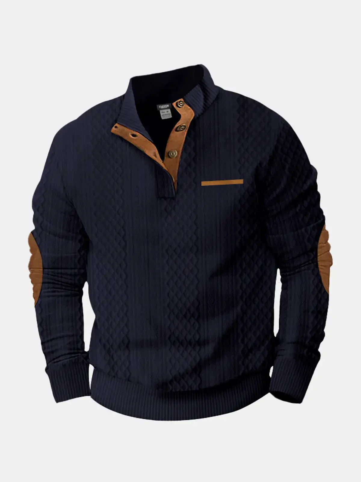 Cable knit pullover sweatshirt, dark navy with tan collar and chest pocket tab