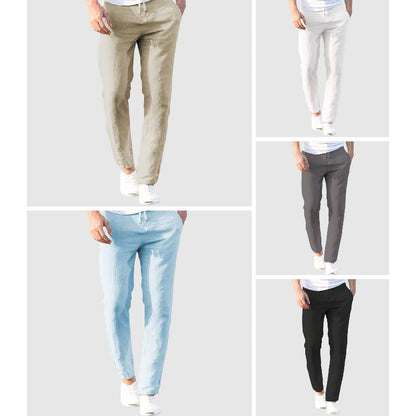 Set of lightweight linen pants in beige, gray, blue, and black with drawstring waist