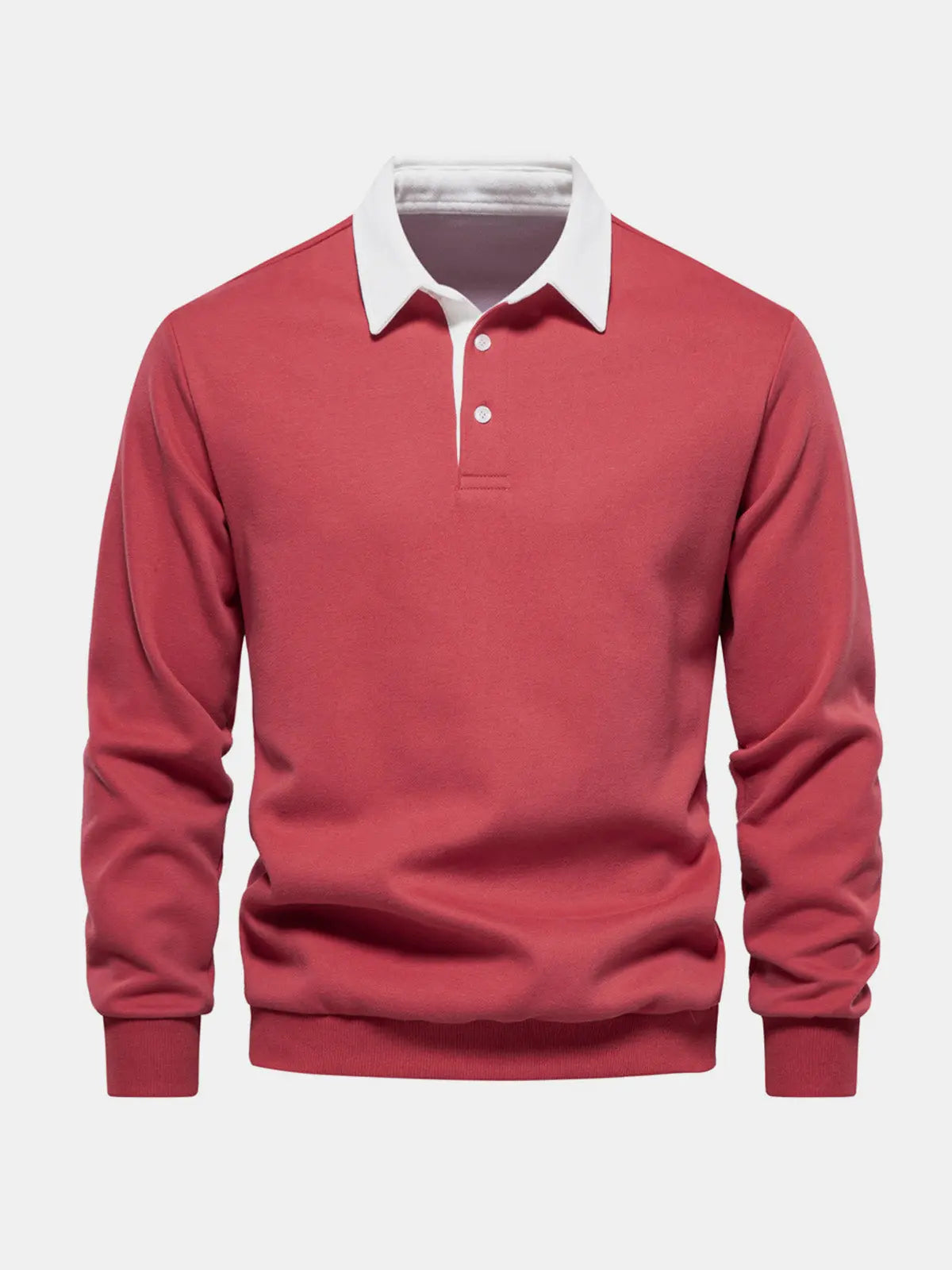 Men's polo-collar long-sleeve sweatshirt, red with white button placket and ribbed cuffs