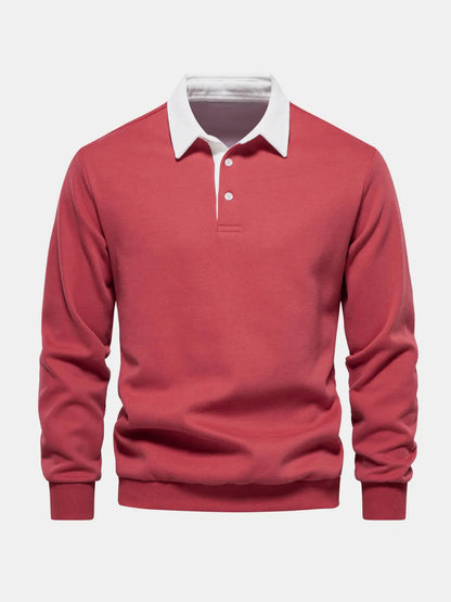 Men's polo-collar long-sleeve sweatshirt, red with white button placket and ribbed cuffs