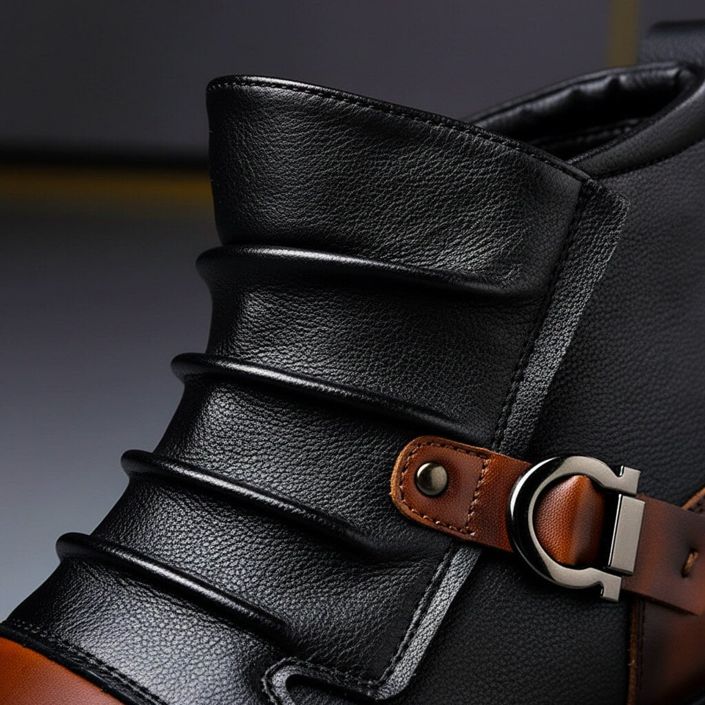 Black genuine leather boots with tan side buckle strap and textured stitching
