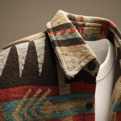 Wool jacket collar and shoulder detail with dark button and multicolor geometric design