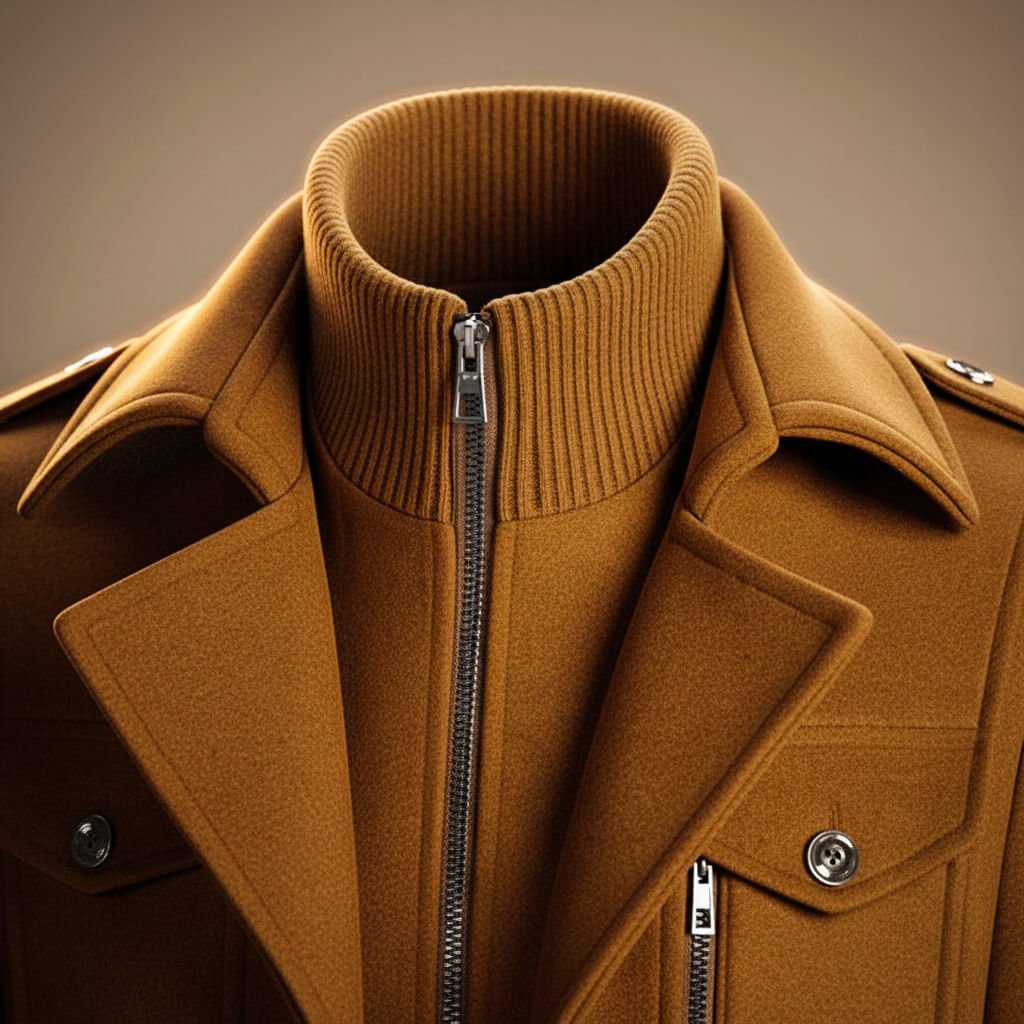 Men's wool coat collar close-up in cognac brown, zip detail and shoulder tabs