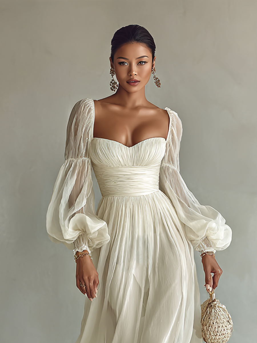 White chiffon maxi dress, off-shoulder square neckline with gathered waist and puff sleeves