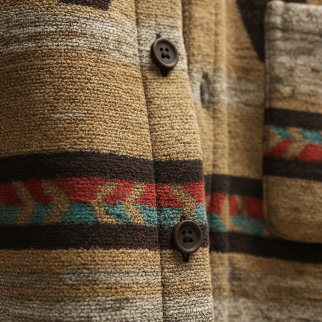 Wool jacket close-up showing dark buttons and textured fabric with multicolor stripe panel