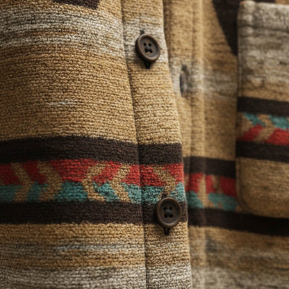 Wool jacket close-up showing dark buttons and textured fabric with multicolor stripe panel