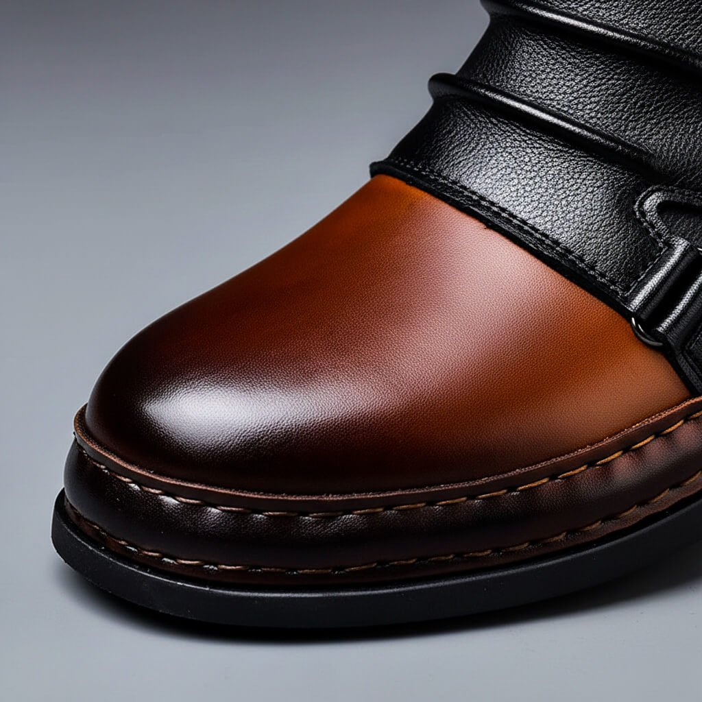 Brown genuine leather boot toe with black strap detail and stitched sole