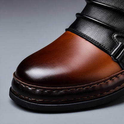 Brown genuine leather boot toe with black strap detail and stitched sole