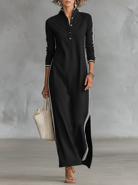 Black button-down maxi dress with long sleeves, front buttons, white side stripe
