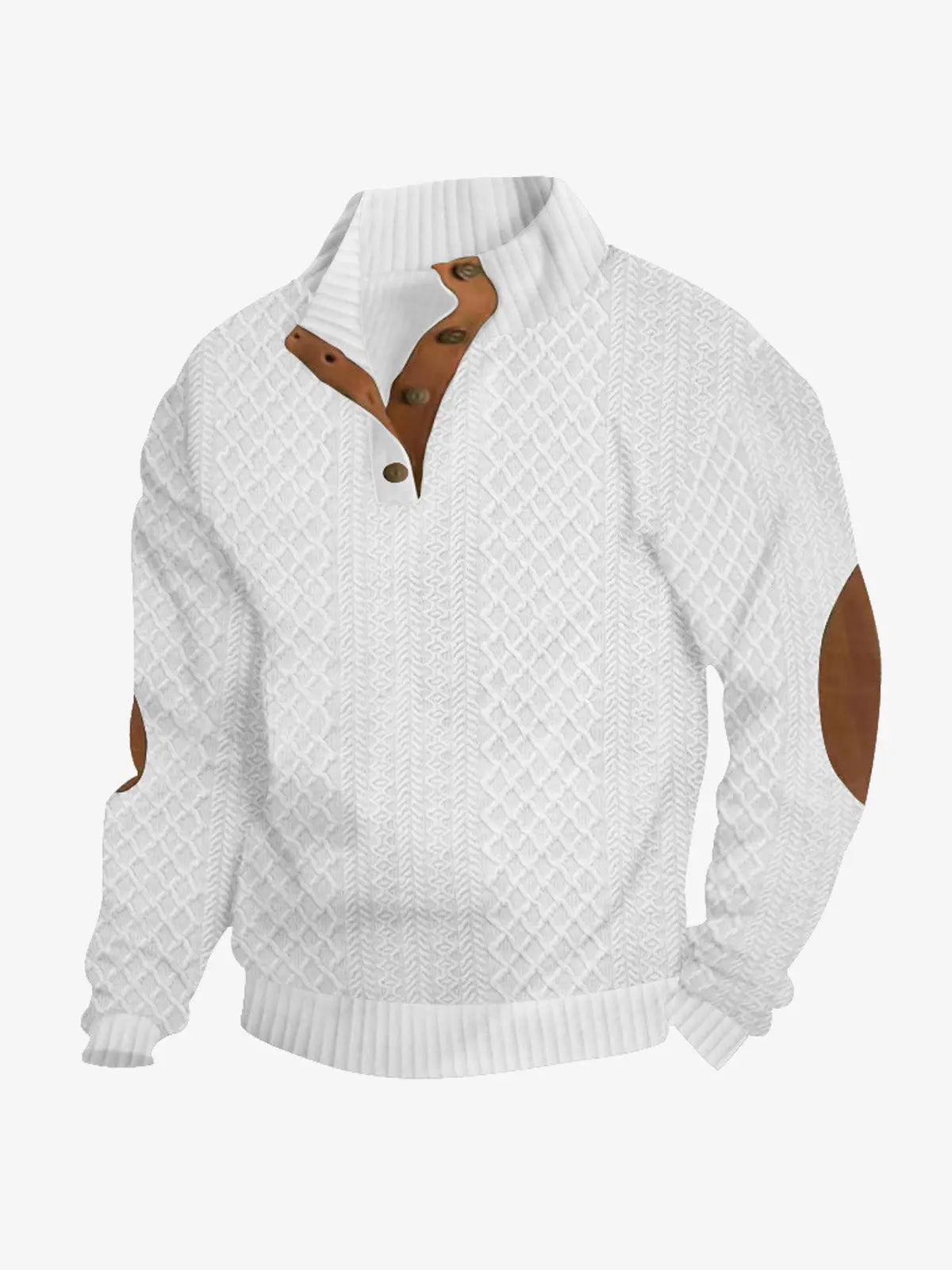 White cable knit quarter-button pullover sweatshirt with brown contrast collar