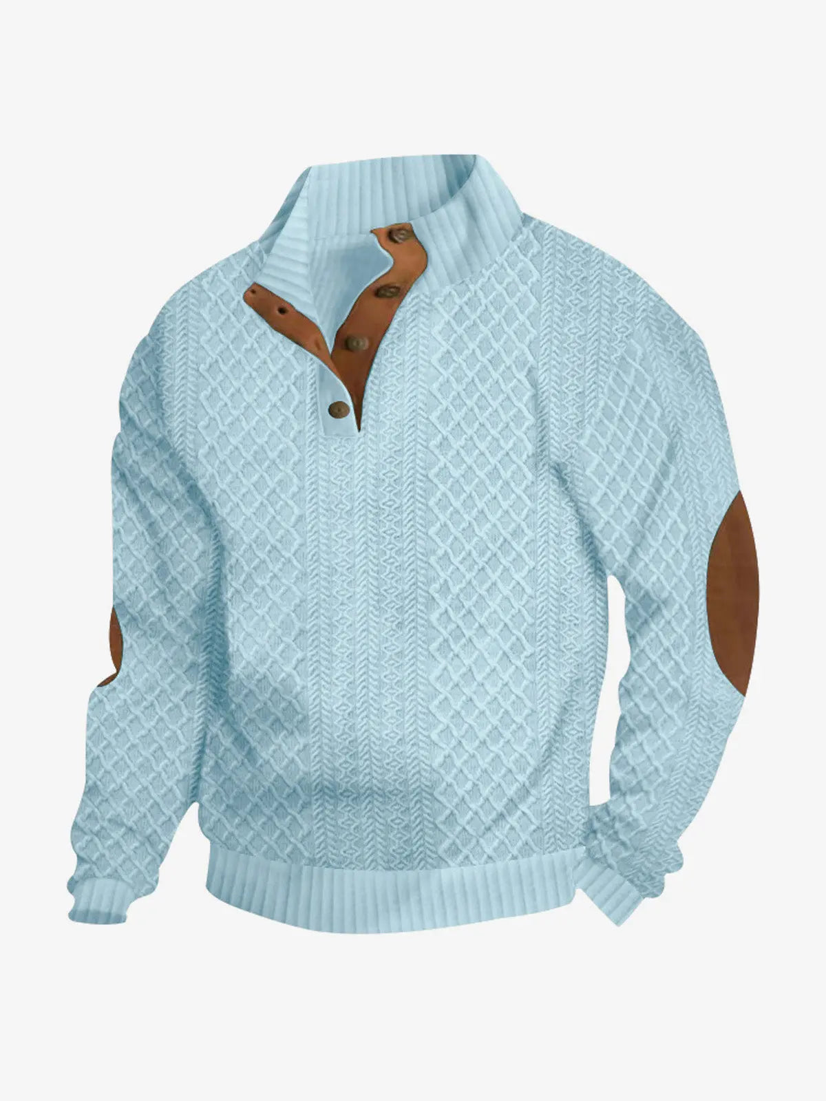 Light blue cable knit quarter-button pullover sweatshirt with brown contrast collar